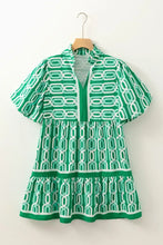 Abstract Patterned V Neck Puff Short Sleeve Mini Dress Casual Dresses