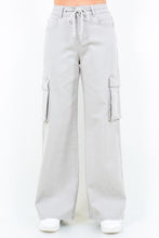 Light gray American Bazi plus size cargo pants with a drawstring wide leg waist and large side pockets