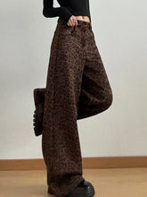 Brown leopard print wide leg high waist pants with soft plush texture for stylish comfortable wear