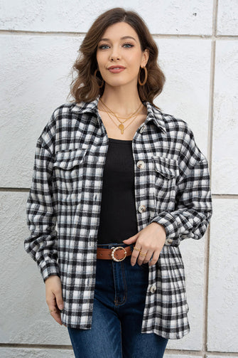 Plaid Dropped Shoulder Shirt Jacket Black