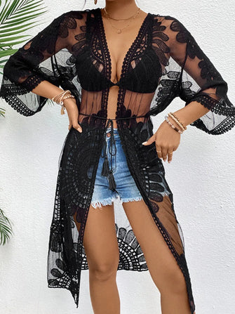 Lace Open Front Longline Cover-Up Black One Size