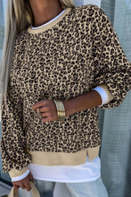 Slit Leopard Round Neck Long Sleeve Sweatshirt Camel Woman Sweatshirts