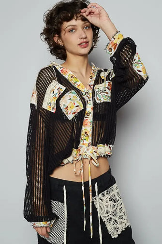 POL Vintage Washed Crochet Hoodie Jacket With Patchwork BLACK MULTI Cardigans