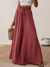Rust-colored perfee frill tied wide leg pants with elastic waistband and drawstring detail for comfortable wear