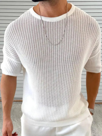 Men's Round Neck Drop Shouler Knit Top White
