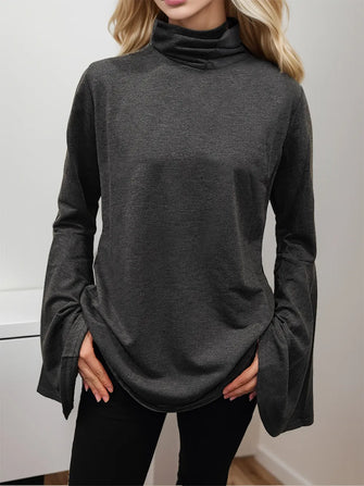 Shiny Flare Sleeve Mock Neck Slit T-Shirt Black
