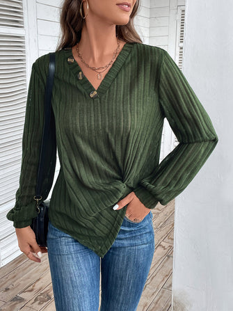 Perfee Twisted V-Neck Buttoned Long Sleeve T-Shirt Green