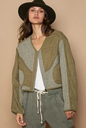 POL Quilted Knit Viding Detail Knit Patch Jacket Olive Woman Outerwear
