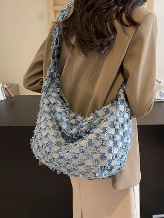 Checkered Raw Edge Denim Shoulder Bag Light Blue One Size Shoulder Bags