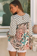 Mixed Floral Geometric Print Ruffled Long Sleeve Blouse Woman Blouses