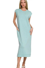 Zenana French Terry Sleeveless Round Neck Midi Dress DUSTY TEAL Casual Dresses