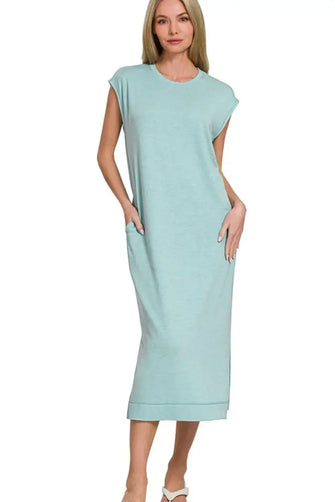 Zenana French Terry Sleeveless Round Neck Midi Dress DUSTY TEAL Casual Dresses