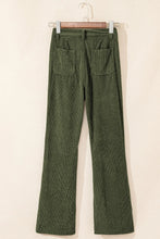 Back view of olive green high waist square pockets corduroy pants with two back pockets and flare leg design