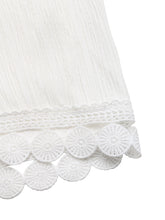 White cotton lace trim wide leg pants featuring delicate scalloped lace trim for elegant wear