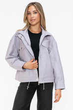 How Dare U Drawstring Hem PU Leather Zip Up Jacket Woman Outerwear