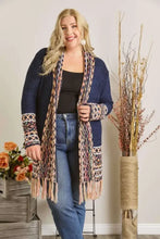 Navy blue plus size Aztec border cardigan with fringe hem and patterned sleeves