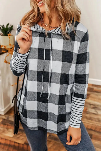 Plaid Drawstring Long Sleeve Hoodie Black Woman Sweatshirts