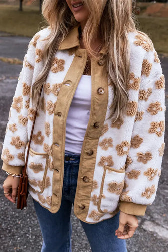 Flower Button Up Long Sleeve Jacket White Woman Outerwear