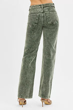 Wide-leg olive green corduroy pants with tummy control and a faded distressed finish showing classic back pockets