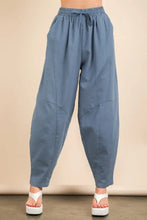 Blue loose-fitting cotton woven pants with elastic waistband and drawstring from very j solid barrel comfy collection