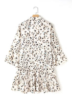 Leopard Print Buttoned Front 3/4 Sleeve Tiered Ruffled Hem Dress Casual Dresses
