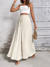 Cream-colored high-waisted wide leg casual pants with a drawstring waist for comfortable everyday wear