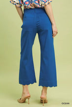 Blue umgee scallop hem wide-leg pants featuring high waist and front pockets for stylish comfort