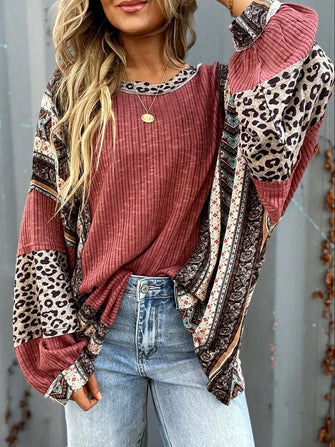 Leopard Round Neck Long Sleeve Sweatshirt Cerise