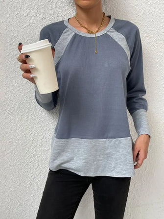 Shiny Waffle-Knit Round Neck Raglan Sleeve Tee Cloudy Blue Woman T Shirts