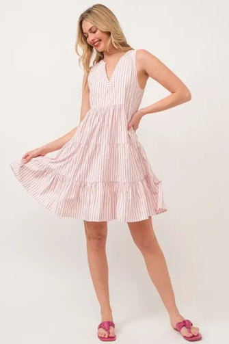 Lime 'N' Chili Striped Sleeveless V-Neck Tiered Dress PINK Casual Dresses