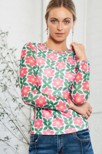 Floral Round Neck Long Sleeve Top Multicolor Woman Blouses