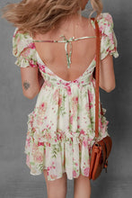 Floral Bubble Sleeve Sweetheart Neck Ruffle Mini Dress