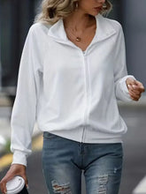 Zip Up Collared Neck Raglan Sleeve Jacket White