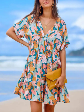 Printed V-Neck Short Sleeve Dress Sherbet Casual Dresses