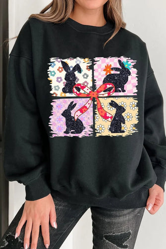 Floral Bunny Plaid Bow Graphic Easter Sweatshirt Black