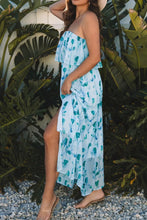 Floral Print Ruffled Side Slit Tube Top Maxi Dress