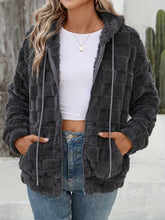 Checkered Texture Zip Up Drawstring Fuzzy Jacket Dark Gray
