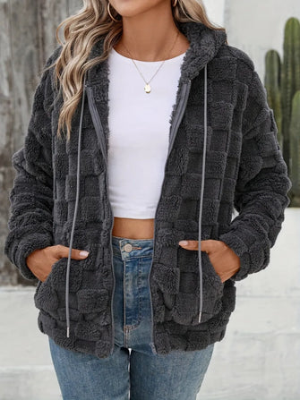 Checkered Texture Zip Up Drawstring Fuzzy Jacket Dark Gray