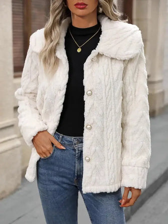 Fuzzy Texture Button Up Collared Neck Coat Cream Woman Outerwear