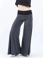 Dark gray high waisted wide leg yoga pants with black contrast waistband for comfortable activewear use