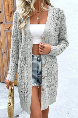 Openwork Button Down Long Sleeve Cardigan Gray Woman Outerwear