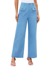 Light blue high waist wide leg pants with front pockets and gold tone buttons for stylish comfortable wear
