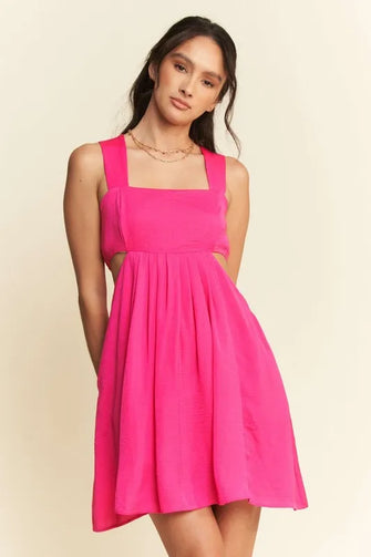 Davi & Dani Washed Satin Cutout Skirt Bandeau Mini Dress Hot Pink