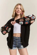 ADORA Full Size Contrast Crochet Open Front Long Sleeve Cardigan Plus Size Black