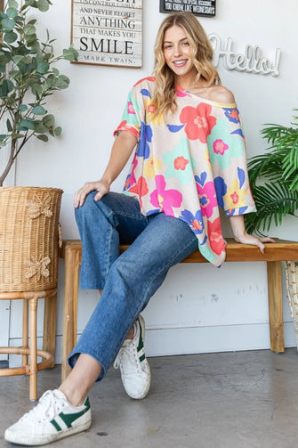 HOPELY Floral Waffle Oversize T-Shirt Taupe Woman T Shirts