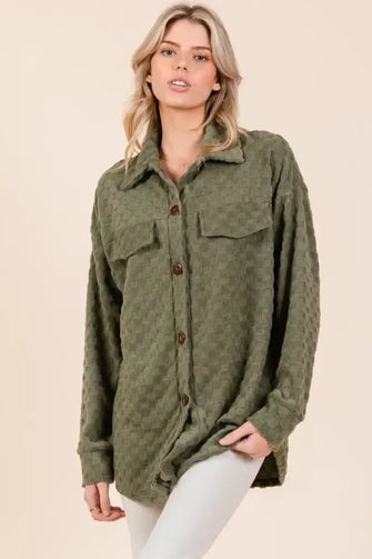 BOMBOM Checkered Button Down Dropped Shoulder Shacket Moss Woman Outerwear