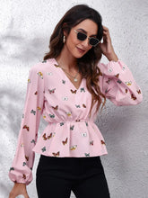 Butterfly V-Neck Balloon Sleeve Peplum Blouse Woman Blouses