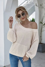Boat Neck Waffle-Knit Lantern Sleeve Blouse with Pocket Cream Woman Blouses