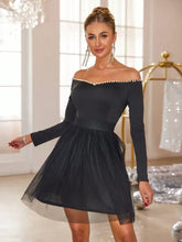 Pearl Trim Mesh Hem Off Shoulder Dress Cocktail Dress