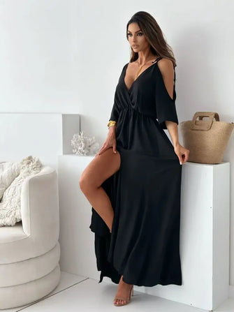 Tied Shoulder Slit Maxi Dress Black Casual Dresses